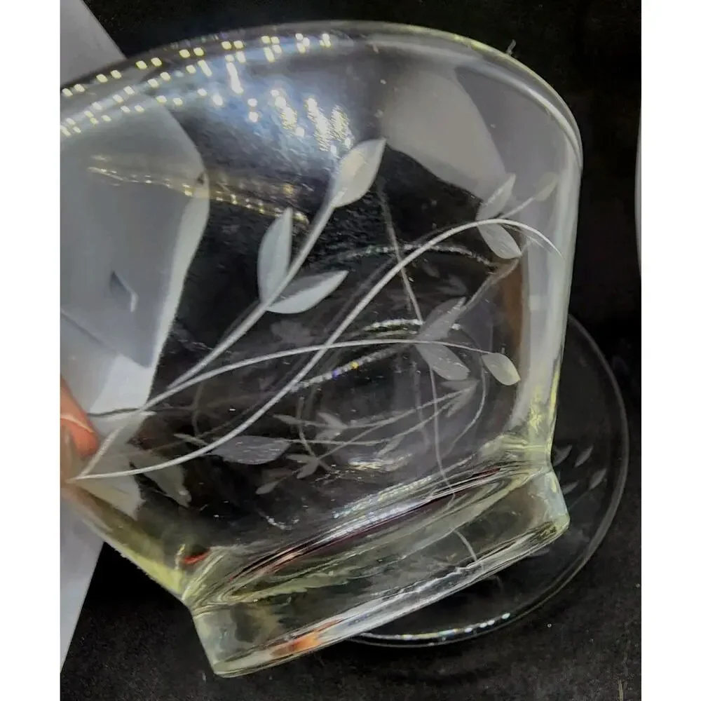Vtg Princess House Crystal Etched Condiment Bowl plate Scalloped Spoon New w Box